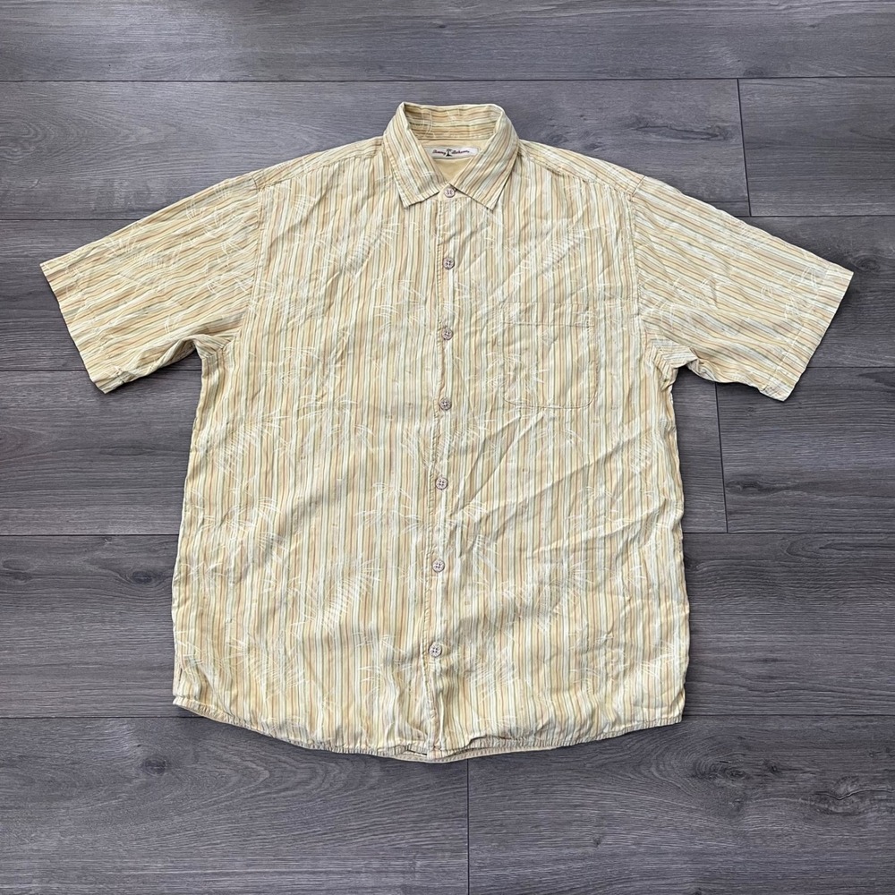 Tommy Bahama Mens Medium Silk Cotton Striped Palm Embroidered Camp Shirt Yellow